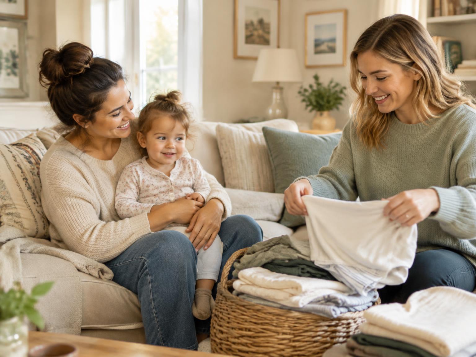 A helper folding laundry while a mom relaxes with her toddler